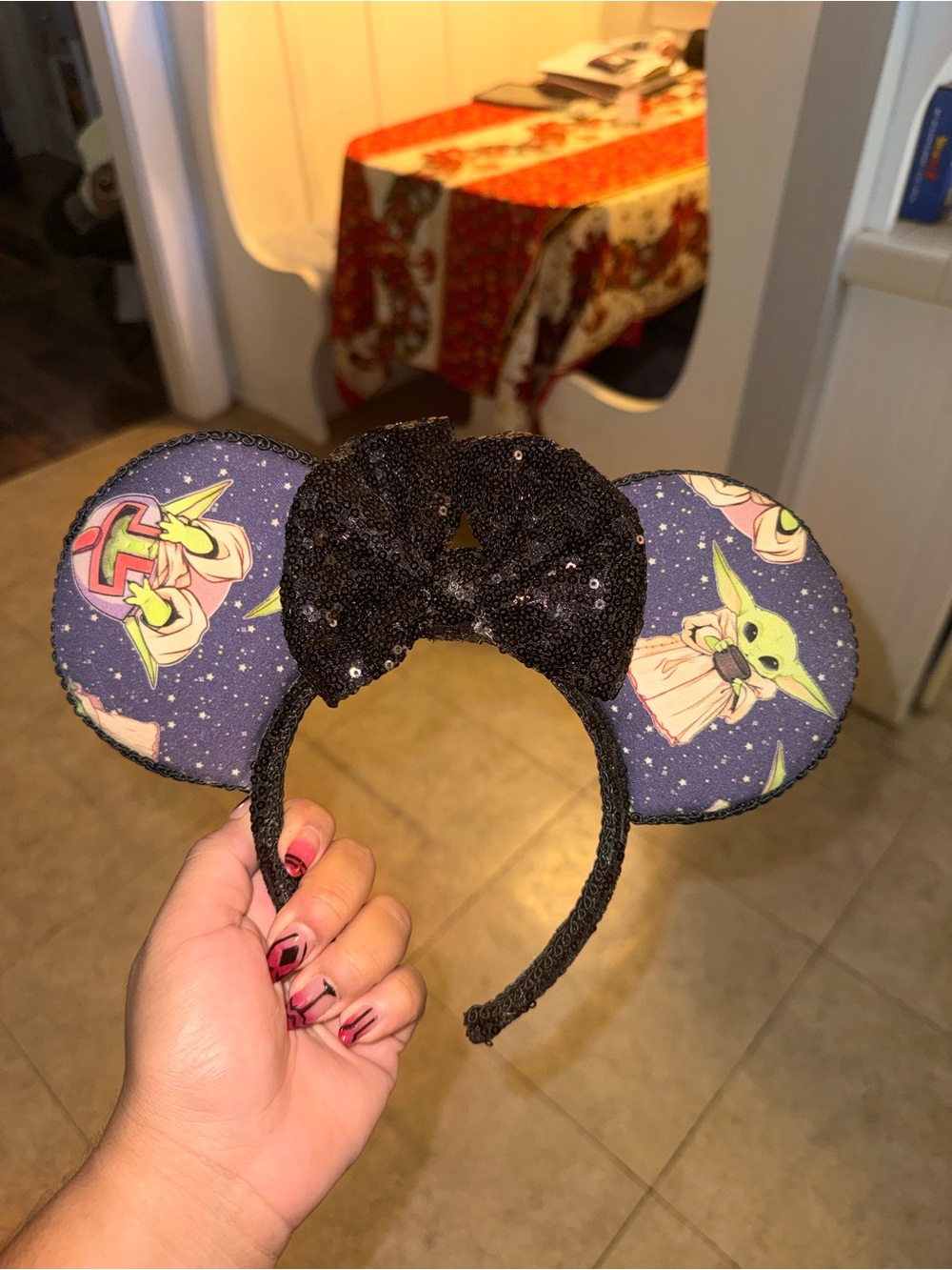 Star Wars Grogu Mouse Ears Headband with Black Sequin Bow